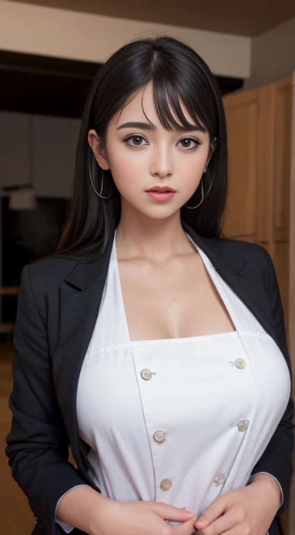 best quality, chef-d'artwork, 1fille noire , beau visage au teint noir , (photo Realistic:1.3), rim lighting, (highly detailed skin:1.2), 8K uhd, DSLR, high quality, high resolution, 4k, 8K, Bokeh, absurdes, meilleur rapport quatre doigts et un pouce, (Realistic:1.3), cute 1fille, Porter un blazer formel noir, seins moyens, jupe courte,