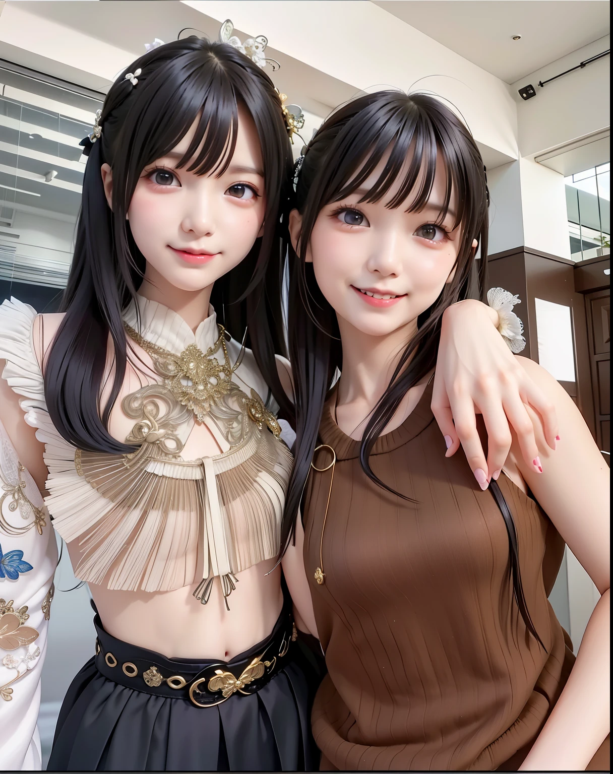 two Asian women posing for a photo in a room, Ulzzang, de garota taiwanesa com tatuagens, Yoshitomo Nara e Aya Takano, o corte Hime, corte de cabelo preto hime, they are pixivs and junji, Ayami Kojima e Lyde Caldwell, nixeu e sakimichan, duas lindas garotas de anime, ela tem cabelo preto com franja