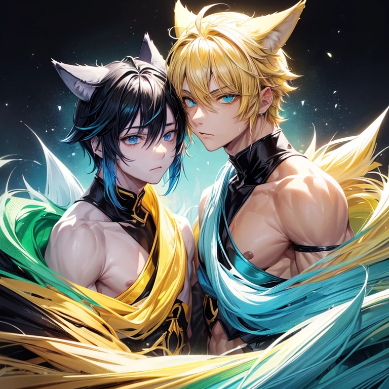 (A male with blond hair and light yellow wolf ears, one yellow eye one red, tall, likes the color green) , (the second male, black hair with blueish wolf ears, and greenish blue eyes, short, like the color blue) (males only) 