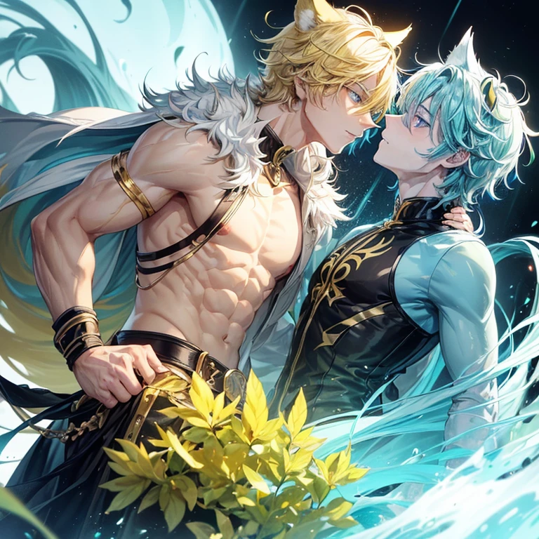 (A male with blond hair and light yellow wolf ears, one yellow and eye one red, tall, likes the color green, Alpha) , (the second male, black hair with blueish wolf ears, and greenish blue eyes, short, likes the color blue, Bata) (males only)