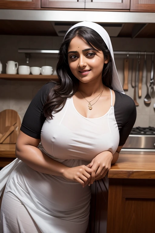 Anushka Shetty, curvy, British, 20s, catholic nun, smile, kitchen, top view