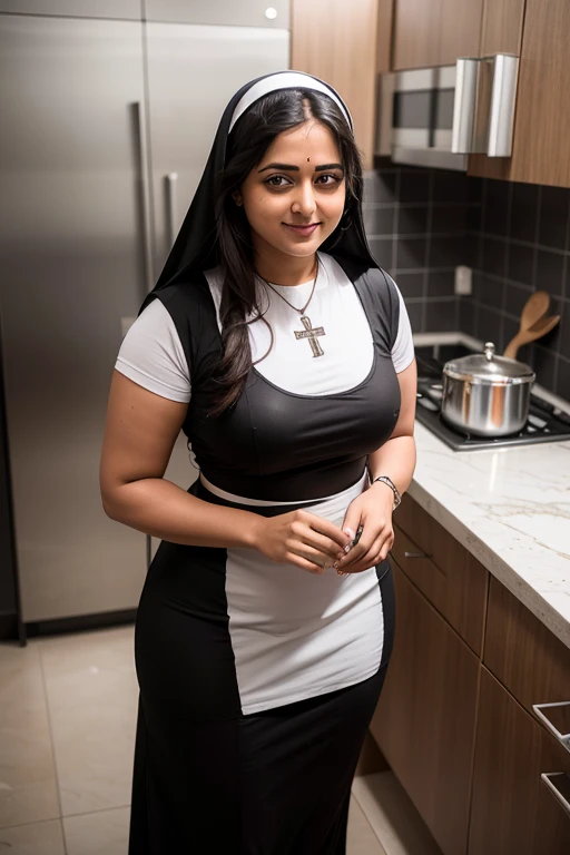 Anushka Shetty, curvy, British, 20s, catholic nun, smile, kitchen, top view