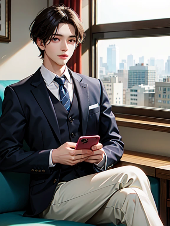 A handsome boy, 20 years old, sitting on a luxury sofa in the office, behind a floor-to-ceiling window, a serious face, medium hair, wearing a black suit and shirt, holding a mobile phone in his hand to make a call