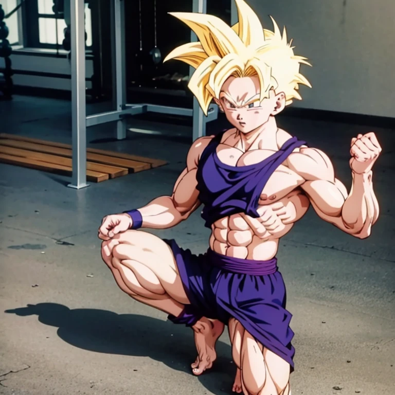 (Eine detaillierte Zeichnung von gohan , bodybuilding gym.), shirtless, barefoot