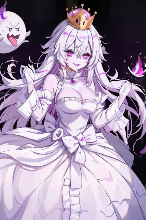 Boosette, white hair, beautiful, nice, purple eyes, super crown, medium breasts, anime, ghost girl, purple tongue, sticking out tongue, long tongue, mischievous smile, malicious smile, depraved smile, (white skin), high Quality, Masterpiece, IncrsBrknGls, broken glass, reflection
