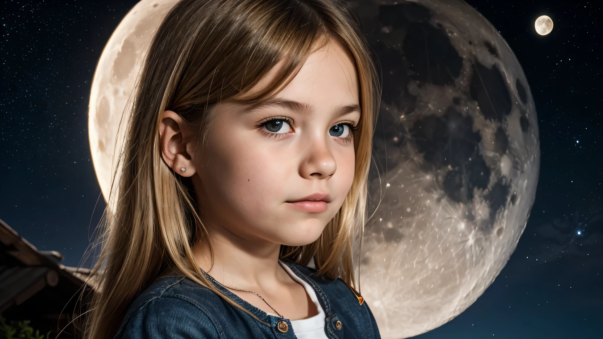  there is a  blonde girl heavy me symbol portrait standing in front of a moon.