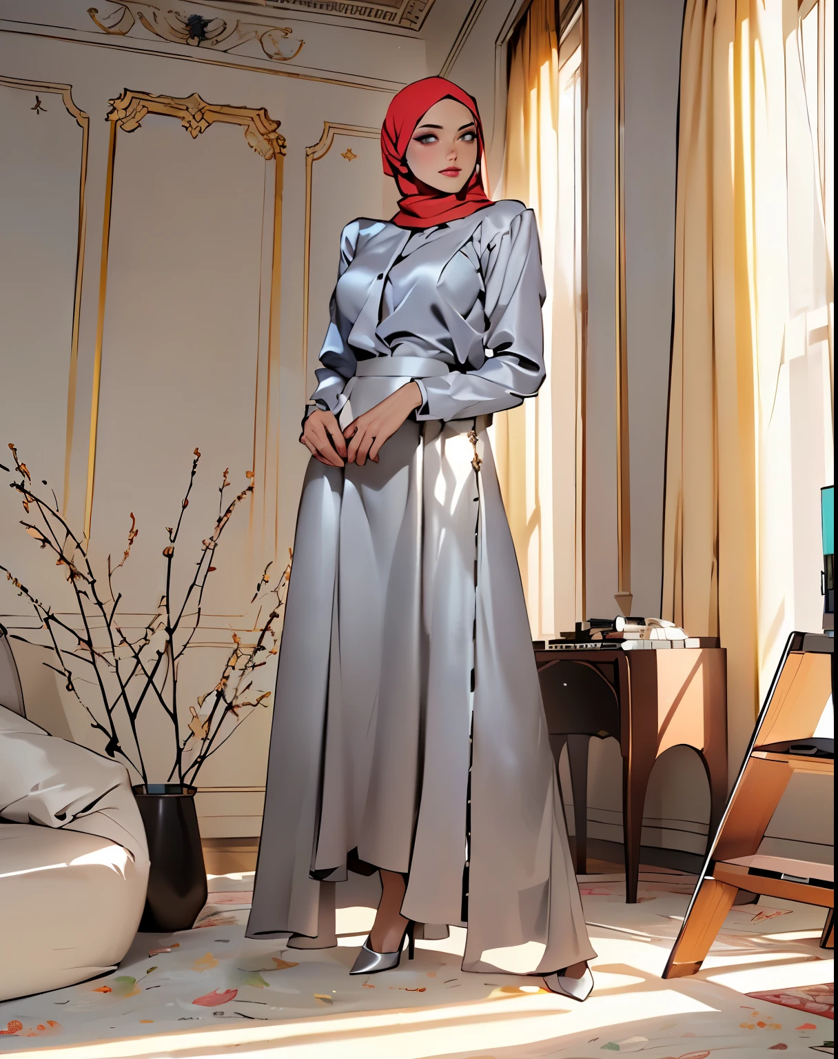 ((Masterpiece, best quality, photography, detailed skin, realistic, photo-realistic, 8k, highly detailed, full length frame, High detail RAW color art, diffused soft lighting, shallow depth of field, sharp focus, hyperrealism, cinematic lighting, hijab, a woman in a beautifully makeup, beautiful big eyes, long eye lashes, wearing (Dark blue satin hijab), office’s attire, ((Gray satin shirt and pencil long skirts)), wide hips, large breast, leaning on sofa, luxury hotel room