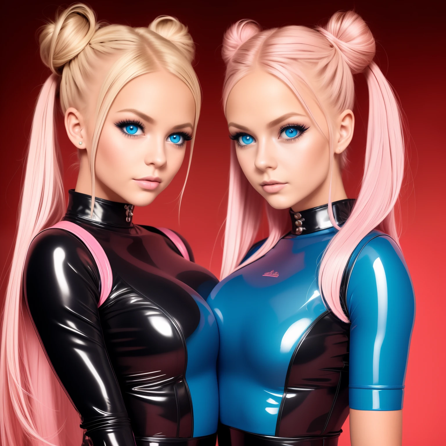 sexy twin girls,blondes Haar,Space Buns,rosa Latexbluse, Latex blouse buttoned up, Latex Bluse detailliert, light-blue Latex, pink latex, Red Shiny Lacquer PVC Shoes,Perfektes Gesicht,Detaillierte Augen,Detaillierte Lippen,Detailed hands,lange Wimpern,vollbusig,niedlich,portrait,hight resolution,realistisch,Studiobeleuchtung,Lebendige Farben,masterpiece,award-winning-photo, ultra detailliert,