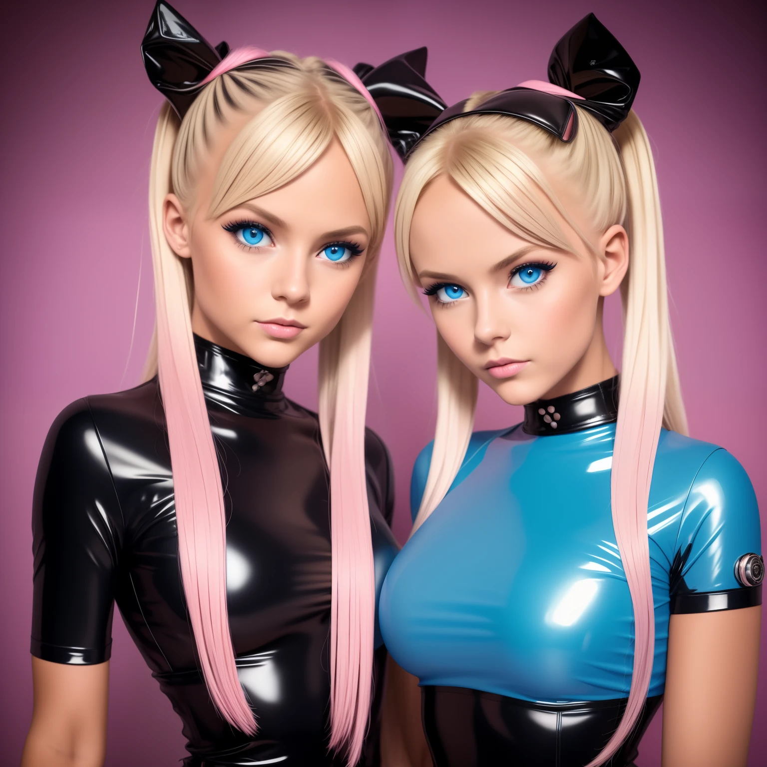 sexy twin girls,blondes Haar,Space Buns,rosa Latexbluse, Latex blouse buttoned up, Latex Bluse detailliert, light-blue Latex, pink latex, Red Shiny Lacquer PVC Shoes,Perfektes Gesicht,Detaillierte Augen,Detaillierte Lippen,Detailed hands,lange Wimpern,vollbusig,niedlich,portrait,hight resolution,realistisch,Studiobeleuchtung,Lebendige Farben,masterpiece,award-winning-photo, ultra detailliert,