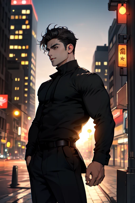 1man,masterpiece,best quality, ultra high res, dusk,cityscape,depth of field, short black messy hair, solo male