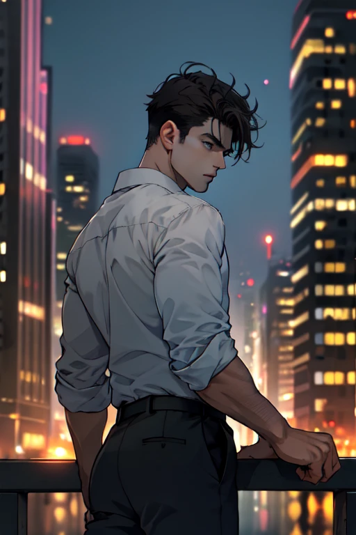 1man,masterpiece,best quality, ultra high res, dusk,cityscape,depth of field, short black messy hair, solo male