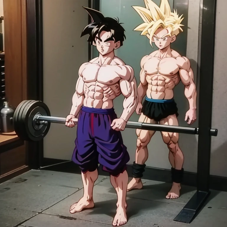 (Eine detaillierte Zeichnung von gohan , bodybuilding gym.), shirtless, barefoot