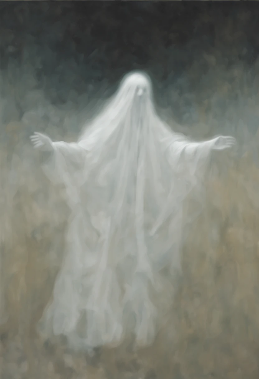 BLURRY WHITE GHOST FIGURE WITH BLURRY ARMS UP FACING DOWN, HAUNTING PAINTING,  IN THE DISTANCE, NO FACE