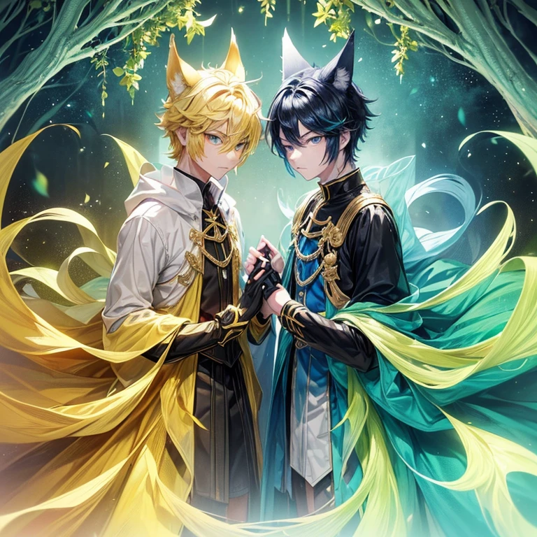 (A male with blond hair and light yellow wolf ears, one yellow and eye one red, tall, likes the color green, Alpha) , (the second male, black hair with blueish wolf ears, and greenish blue eyes, short, likes the color blue, Bata) (males only) 