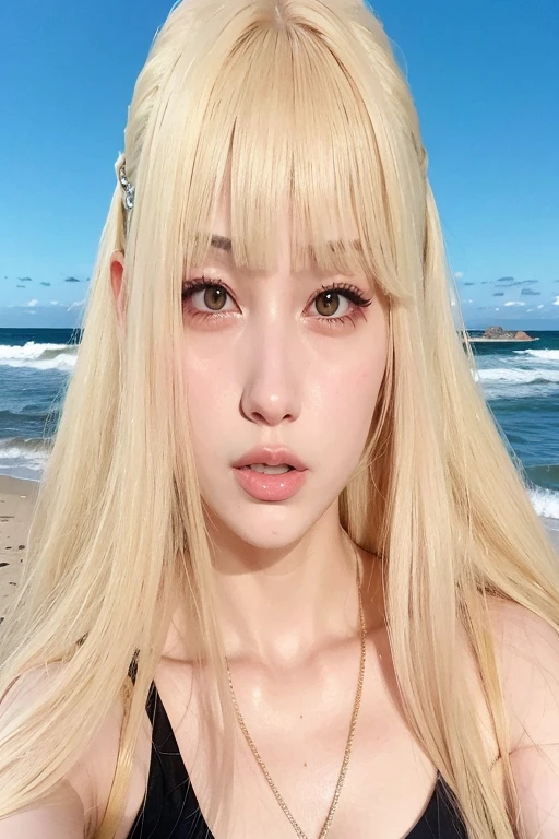 garota loira com cabelos longos e um colar na praia, Lalisa Manobal, Lalisa Manoban do Blackpink, Ulzzang, longos cabelos loiros e olhos grandes, shikami, longos cabelos brancos e franja, Retrato de Jossi do Blackpink, cabelo longo com franja cheia, retrato de Kim Petras, penteado com corte hime branco