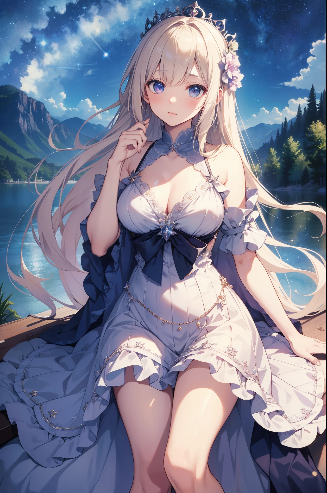 （masterpiece）、(highest quality)、((Super detailed))、(super delicate)、Princess in a naughty nightdress、platinum blonde、beautiful breasts、Thighs、Gorgeous、lake with mountain view、Fantastic starry sky