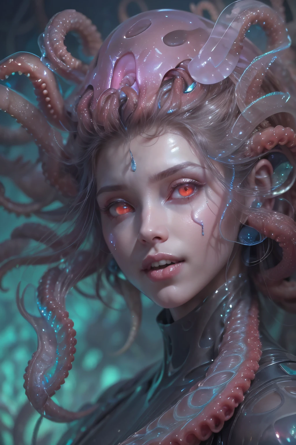 (1 beautiful and obscene female alien:1.4), (vulgarity1.7), (she is looking at viewers with glowing red eyes with no pupils:1.5), (She has translucent pale skin:1.7), (There is a female genital-like organ in the middle of the forehead:1.95), (She has the most beautiful face in the history of the universe:1.2), (She has multiple bioluminescent organs on the side of her tentacles:1.4), (Her body is covered with an iridescent exoskeleton:1.6), (She is showingh her arm pits:1.4), an evil gaze that seduces, (large mouth:1.1), (sharp teeth like a vampire:1.2), Full body portrait, (bio luminescent:1.5), (Smile wickedly:1.3), (sexypose:1.5), alien, No humans, cells are fused, (there are lots of translucent tentacles from her head like her hair:1.8) extraterrestrial, cell, bio image, best quality, masterpiece, ultra high resolution, (photos realistic:1.7), scary and sexy detailed art in color, best quality, 8K,In 4K_quality, High freshness, Dramatic Lighting, cinematic quality, detail up, (exquisite details:1.2), High freshness, drawing faithfully, (Thick eyebrows:1.2), Beautiful eyes with fine symmetry,(Highly detailed face and eyes:1.2),(Super detailed skin quality feeling:1.4), perfect anatomy, (Beautiful toned body:1.5), (Moist skin:1.2), not wearing makeup, (dark circles:1.1), long canines, cinematic drawing of characters, cinematic quality, detail up, (exquisite details:1.2), high resolution, High freshness, drawing faithfully, official art, Unity 8K Wall paper, ultra detailed artistic photography, midnight aura, unreal engine 5, Ultra Sharp Focus, art by Amano Yoshitaka, ArtGerm, Roisch, intricate artwork,ultra realistic realism, dream-like, Creation of fantasy, dream Snail, (biopunk nautilus:1.3),Thrilling color schemes, seductively smiling, Amazing mutation, well-proportioned body, goddess of the deep sea, fractal, Geometric pattern, impossible figures,(asymmetry:1.4), (white tentacles with blue stripes:1.4), subtle emerald green accents, (expression of ecstasy:1.4)