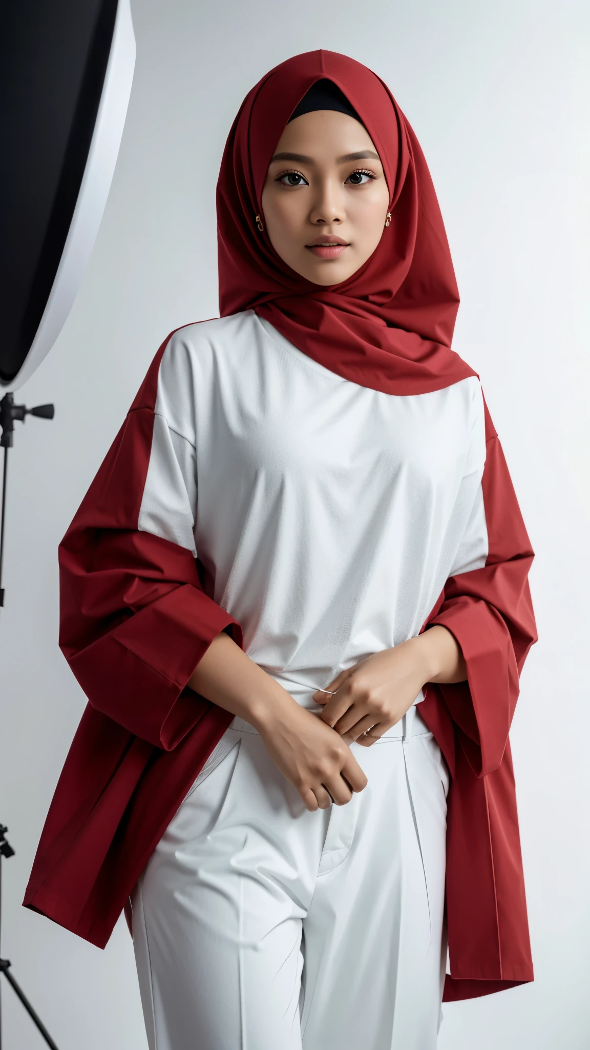 1 malay women in dark red hijab wearing big oversized long sleeve white Tshirt and a dark red cargo pants in a photography studio, cute pose, 8mm lens, close-up, pastel color grading, depth of field cinematography effect, film noir genre, 8k resolution, high quality, ultra detail,