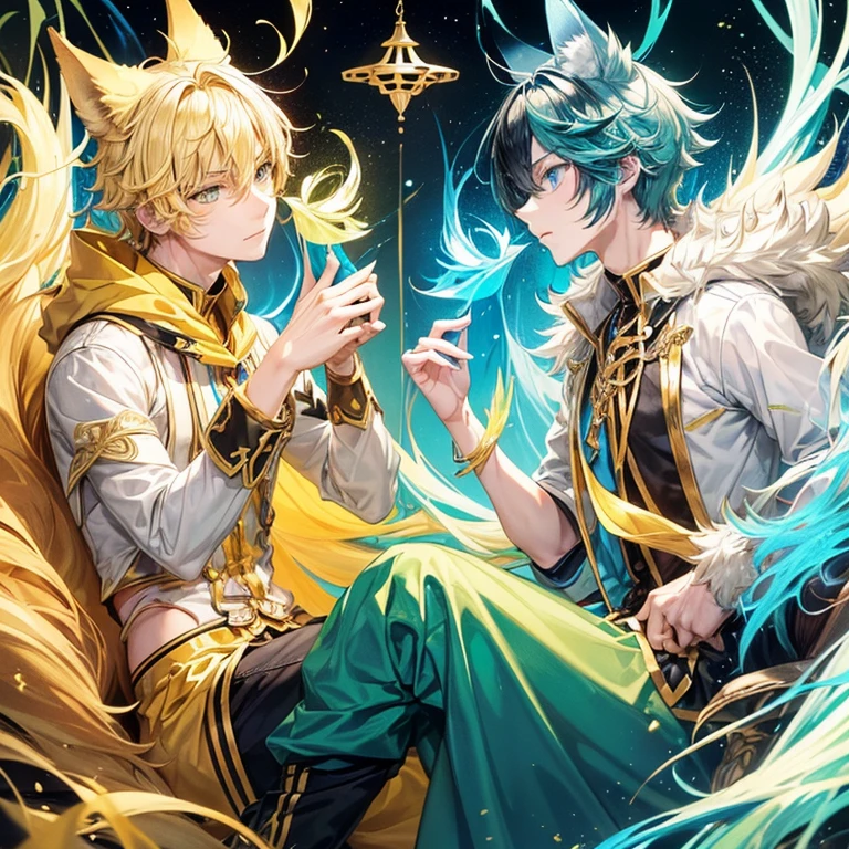 (A male with blond hair and light yellow wolf ears, one yellow and eye one red, tall, likes the color green, Alpha) , (the second male, has black hair with blue wolf ears, and greenish blue eyes, short, likes the color blue, Bata) (males only) 