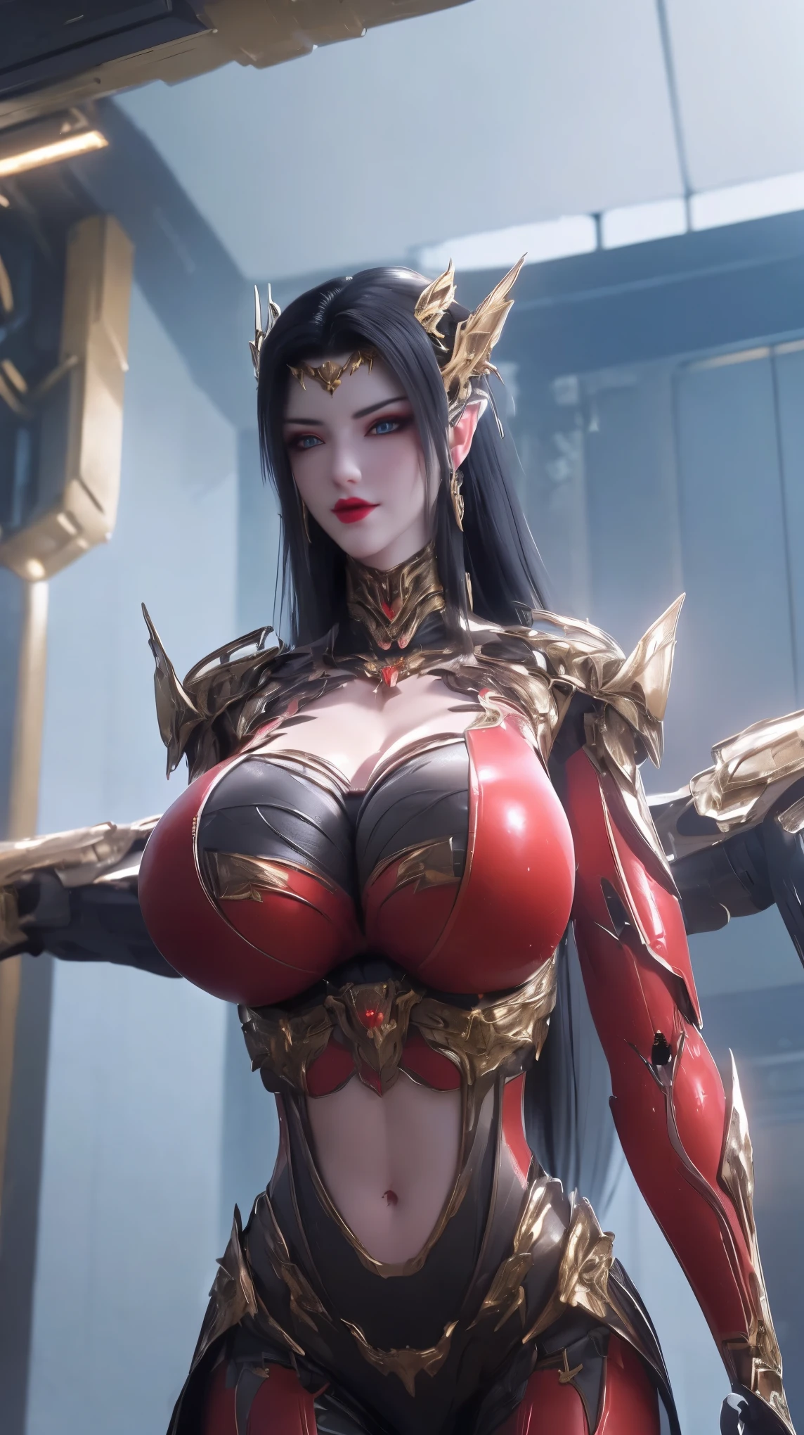 1GIRL,SOLO,UPPER BODY, ((BEAUTY BLACK HAIR)), (GIGANTIC FAKE BREAST:1.5), ((CLEAVAGE:1.5)), (MUSCLE ABS:1.3), (LED RED WHITE SHINY FUTURISTIC MECHA CYBER CROP TOP, BLACK MECHA SKINTIGHT LEGGINGS:1.5), (BUSTY PERFECT BODY MATURE WOMAN, SWEATY BUSTY BODY:1.2), (LOOKING AT VIEWER:1.3), (female focus:0.8), (HALLROOM OF FUTURISTIC SPACE STATION:1), (BRIGHT LIGHT WHITE_ROOM:1.3), HYPER TEXTURE, (4X MSAA), ((UNREAL ENGINE 5 RENDER)), PHYSICALLY-BASED RENDERING, ULTRA HIGHT DEFINITION, 16K, 1080P.