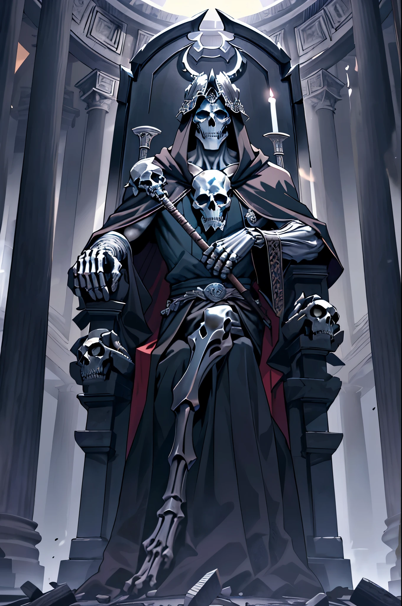 (Masterpiece: 1.2, Best Quality, 4k, 8K, high resolution)
A death god, dressed in dark robes with a flowing, ominous cape, his skeletal face revealing cold, hollow eyes, holding a scythe in one hand and an hourglass in the other, standing atop a tall, ominous throne, graveyard in the background, setting sun casting a reddish glow, skulls and bones at his feet.
(Five Death Gods, Hades' Court, Greek Mythology, Pantheon, Dark Temple, Throne Room)
Five death gods, each wearing distinctively different attire but sharing