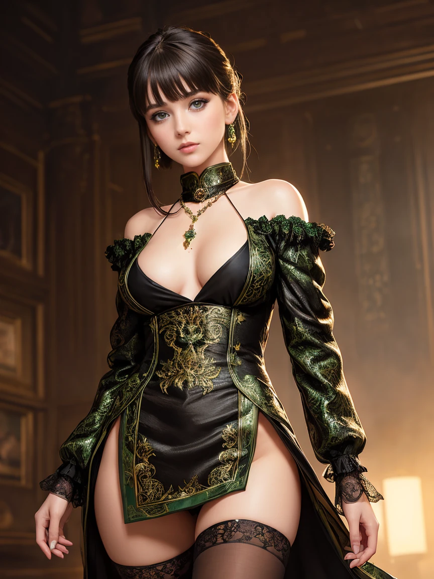 Nier: Automatafull body, (long shot full body view:1.1)
(short skirt), beautiful woman, (tights: 1.2), best quality, illustration,(beautiful detailed girl), beautiful detailed shine, (beautiful detailed eyes), expressive, (18-year-old girl:1.4), disheveled hair, long bangs, ,(black and red dress), black ribbon, empty look, flower, large sleeves, bright green eyes, perfect appearance, perfect eyes, ornate clothes, medieval, realistic, impeccable hairstyle, bangs, makeup, earrings, necklaces, jewelry, (magic eyes), sparkling eyes, cold facial expression, aloofness, Detailed face, Pascal Blanche Rutkowski's workshop with high detail, Repin Art station, Hyperrealistic painting, Concept ART of detailed character design, Matte painting, 4K resolution, Blade Runner, Mysterious