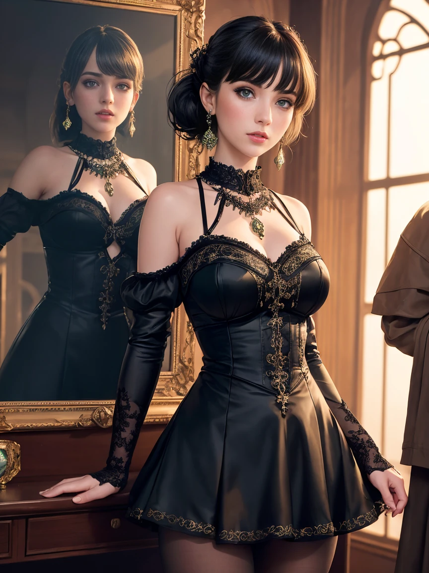 Nier: Automatafull body, (long shot full body view:1.1)
(short skirt), beautiful woman, (tights: 1.2), best quality, illustration,(beautiful detailed girl), beautiful detailed shine, (beautiful detailed eyes), expressive, (18-year-old girl:1.4), disheveled hair, long bangs, ,(black and red dress), black ribbon, empty look, flower, large sleeves, bright green eyes, perfect appearance, perfect eyes, ornate clothes, medieval, realistic, impeccable hairstyle, bangs, makeup, earrings, necklaces, jewelry, (magic eyes), sparkling eyes, cold facial expression, aloofness, Detailed face, Pascal Blanche Rutkowski's workshop with high detail, Repin Art station, Hyperrealistic painting, Concept ART of detailed character design, Matte painting, 4K resolution, Blade Runner, Mysterious