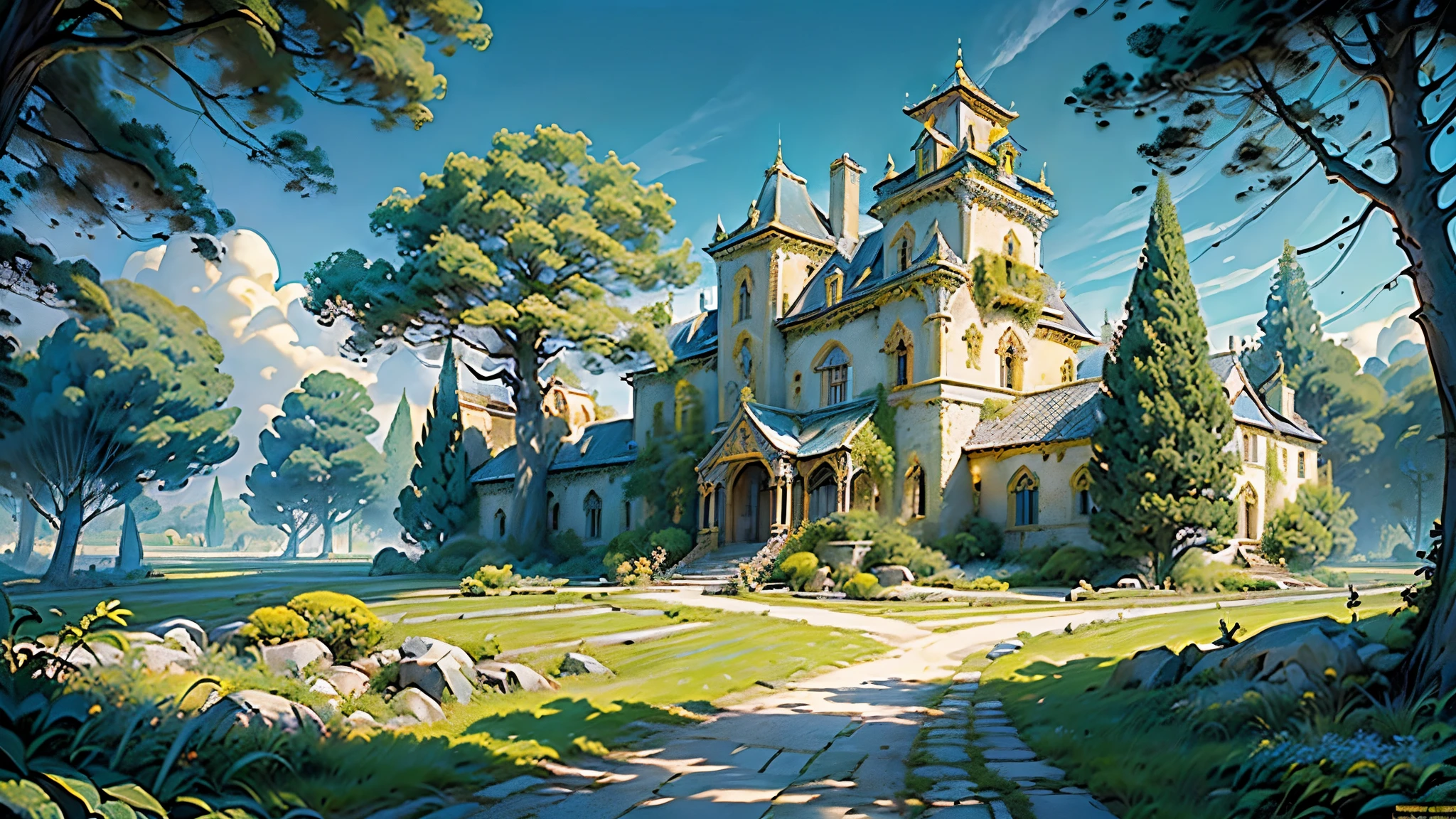 (Masterpiece, Top Quality, Best Quality,Extreamly detailed, perfect quality, landscape, Official Art, Ancient Giant vibrant geeen and blue colour Tree growing out of castle covered in gold, Ancien castle, golden age, fantasy, mystic atmosphere, giant gates, yellow bricks, summer time, windy weather, beautiful landscape
