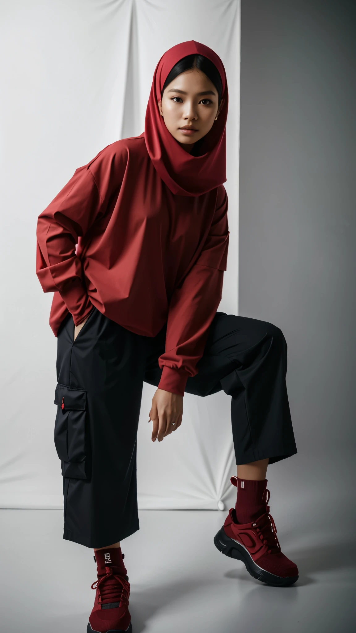 1 malay women in dark red hijab wearing big oversized long sleeve white Tshirt and a dark red cargo pants in a photography studio, cute pose, 8mm lens, close-up, pastel color grading, depth of field cinematography effect, film noir genre, 8k resolution, high quality, ultra detail,