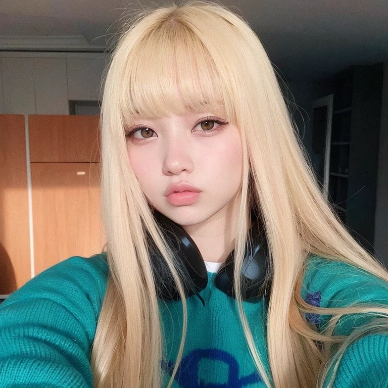 um close de uma pessoa com longos cabelos loiros usando fones de ouvido, Lalisa Manobal, Lalisa Manoban do Blackpink, long hair com franja completa, com franja completa, parque roseanne de blackpink, Ulzzang, long hair com franja, Retrato de Jossi do Blackpink, com franja, longos cabelos brancos e franja, penteado com corte hime branco