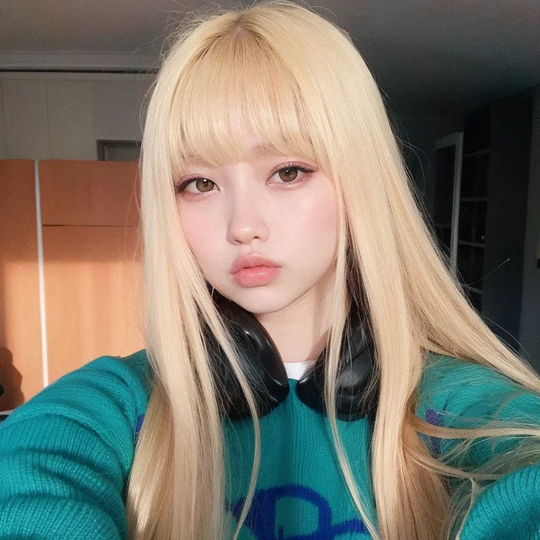 um close de uma pessoa com longos cabelos loiros usando fones de ouvido, Lalisa Manobal, Lalisa Manoban do Blackpink, long hair com franja completa, com franja completa, parque roseanne de blackpink, Ulzzang, long hair com franja, Retrato de Jossi do Blackpink, com franja, longos cabelos brancos e franja, penteado com corte hime branco