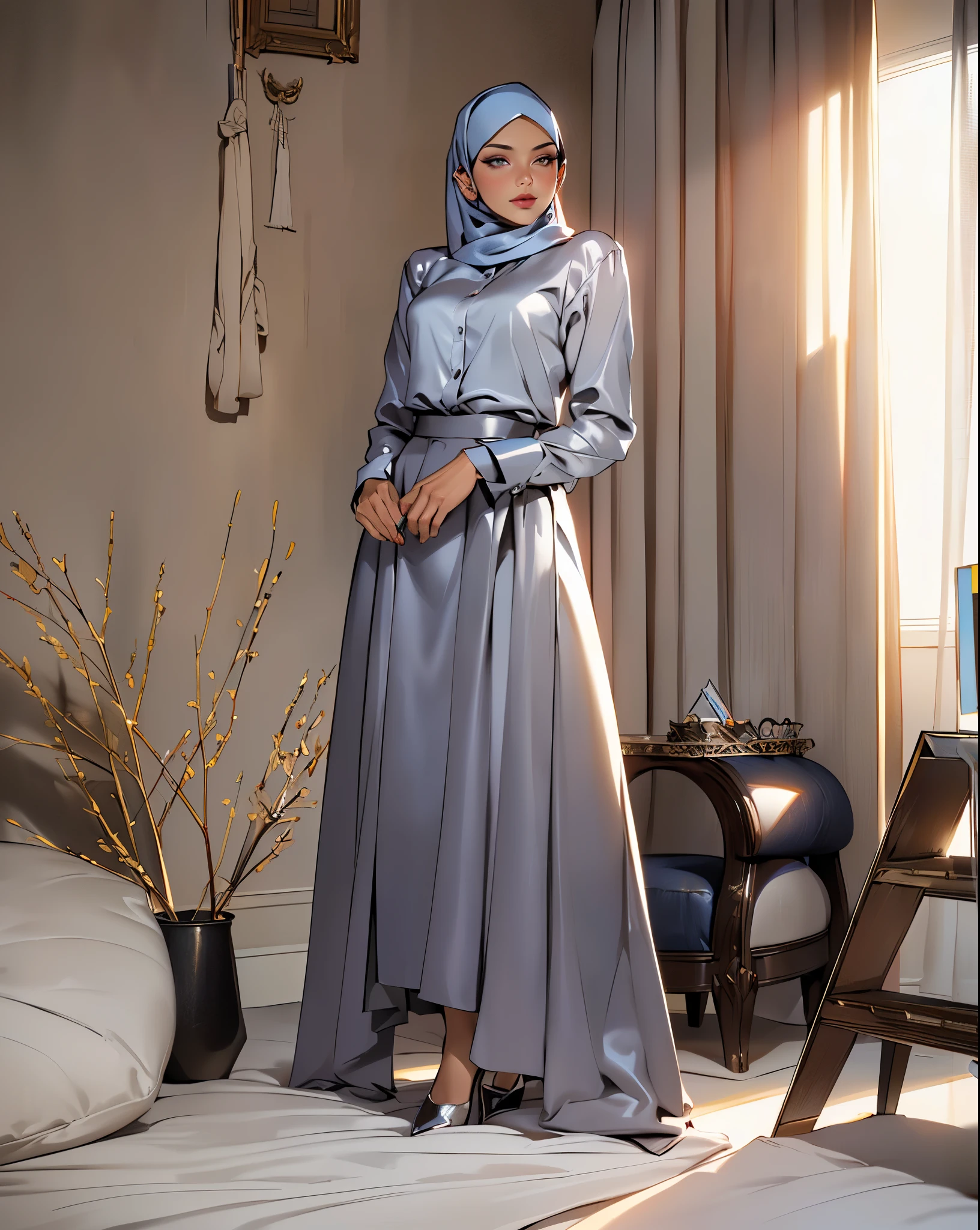 ((Masterpiece, best quality, photography, detailed skin, realistic, photo-realistic, 8k, highly detailed, full length frame, High detail RAW color art, diffused soft lighting, shallow depth of field, sharp focus, hyperrealism, cinematic lighting, hijab, a woman in a beautifully makeup, beautiful big eyes, long eye lashes, wearing (Dark blue satin hijab), office’s attire, ((Gray satin shirt and pencil long skirts)), wide hips, large breast, leaning on sofa, luxury hotel room