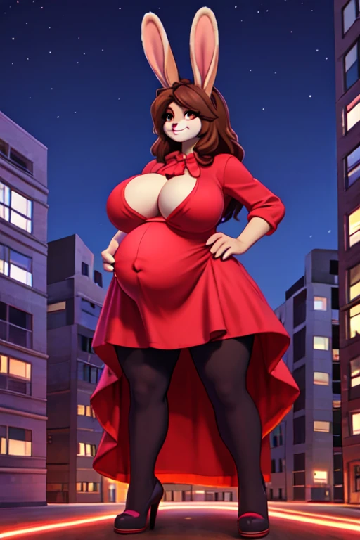 an anthropomorphic pregnant rabbit wearing a nice dress with long flowing brown hair, wide hips, large breasts and a big belly standing in a city penthouse with a view of the city at night