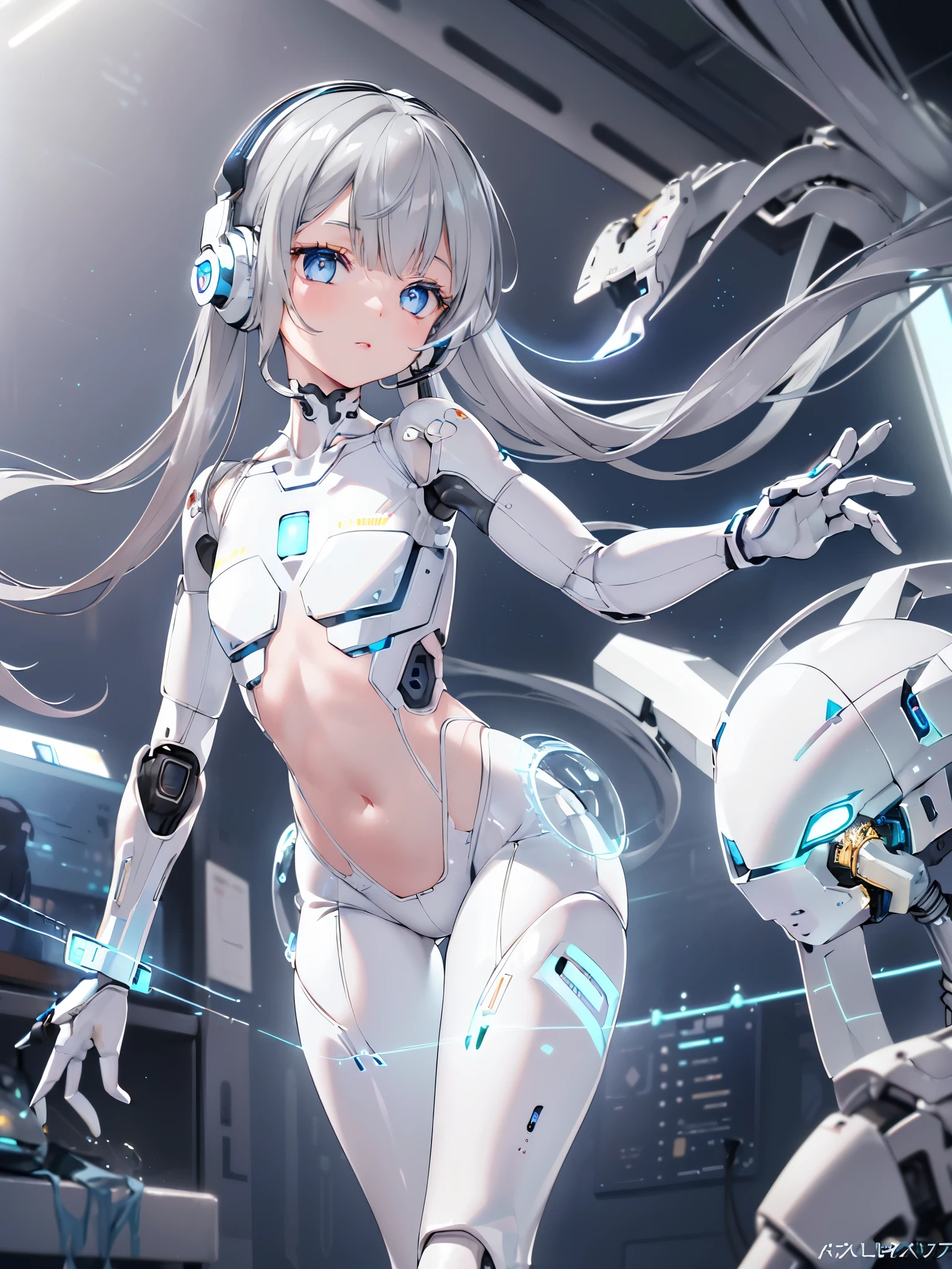 (8k, best quality, masterpiece:1.2),\(Eye details\),\(Facial features\),(\(Clothes detail details\)\),(1 girl:1.2),Mechanical girl,solo,full body,Sophisticated 3D rendering of a beautiful Japanese girl Android , part, Beautiful studio soft lighting, rim light, Vibrant details, Luxury Cyberpunk, The body is made of organically flowing white and silver clear glass and plastic, Silver metal interior, dynamic poses, mobile organic ingredients, Meticulous carving, Lace design, Glowing golden circuit, H&#39;s Art,(Mechanical skeleton(Metal pelvis,Mechanical spine:1.2),high-tech robot,(Wired headphones of the future:1.2),(Blue glowing circuits on cheeks:1.3),(/grey hair:1.2/),(/shiny blue eyes/),smooth skin,(This is an android:1.5),(flat chest:1.2),small ass,
