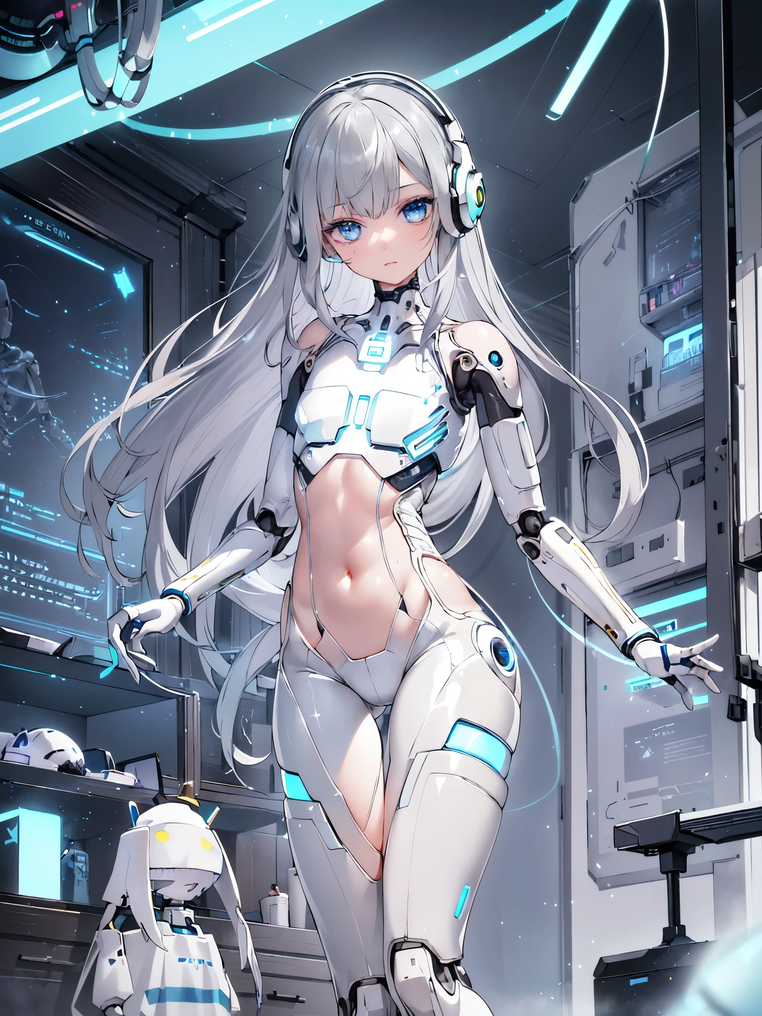 (8k, best quality, masterpiece:1.2),\(Eye details\),\(Facial features\),(\(Clothes detail details\)\),(1 girl:1.2),Mechanical girl,solo,full body,Sophisticated 3D rendering of a beautiful Japanese girl Android , part, Beautiful studio soft lighting, rim light, Vibrant details, Luxury Cyberpunk, The body is made of organically flowing white and silver clear glass and plastic, Silver metal interior, dynamic poses, mobile organic ingredients, Meticulous carving, Lace design, Glowing golden circuit, H's Art,(Mechanical skeleton(Metal pelvis,Mechanical spine:1.2),high-tech robot,(Wired headphones of the future:1.2),(Blue glowing circuits on cheeks:1.3),(/grey hair:1.2/),(/shiny blue eyes/),smooth skin,(This is an android:1.5),(flat chest:1.2),small ass,