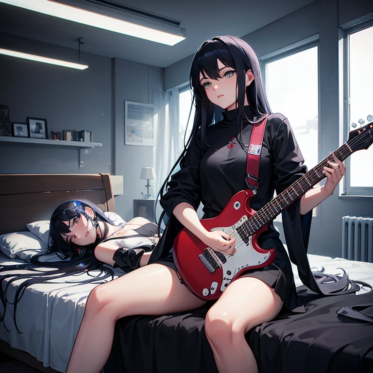 there is a woman that is laying down on a bed，holding a guitar in her lap, Guviz-style artwork, style of anime4 K, Ross Tran 8 K, Digital cyberpunk anime art, Guweiz in Pixiv ArtStation, Guweiz on ArtStation Pixiv, e - girl, E-Girl, cyberpunk anime girl, Fanart Meilleure ArtStation，lean legs，blacksilk