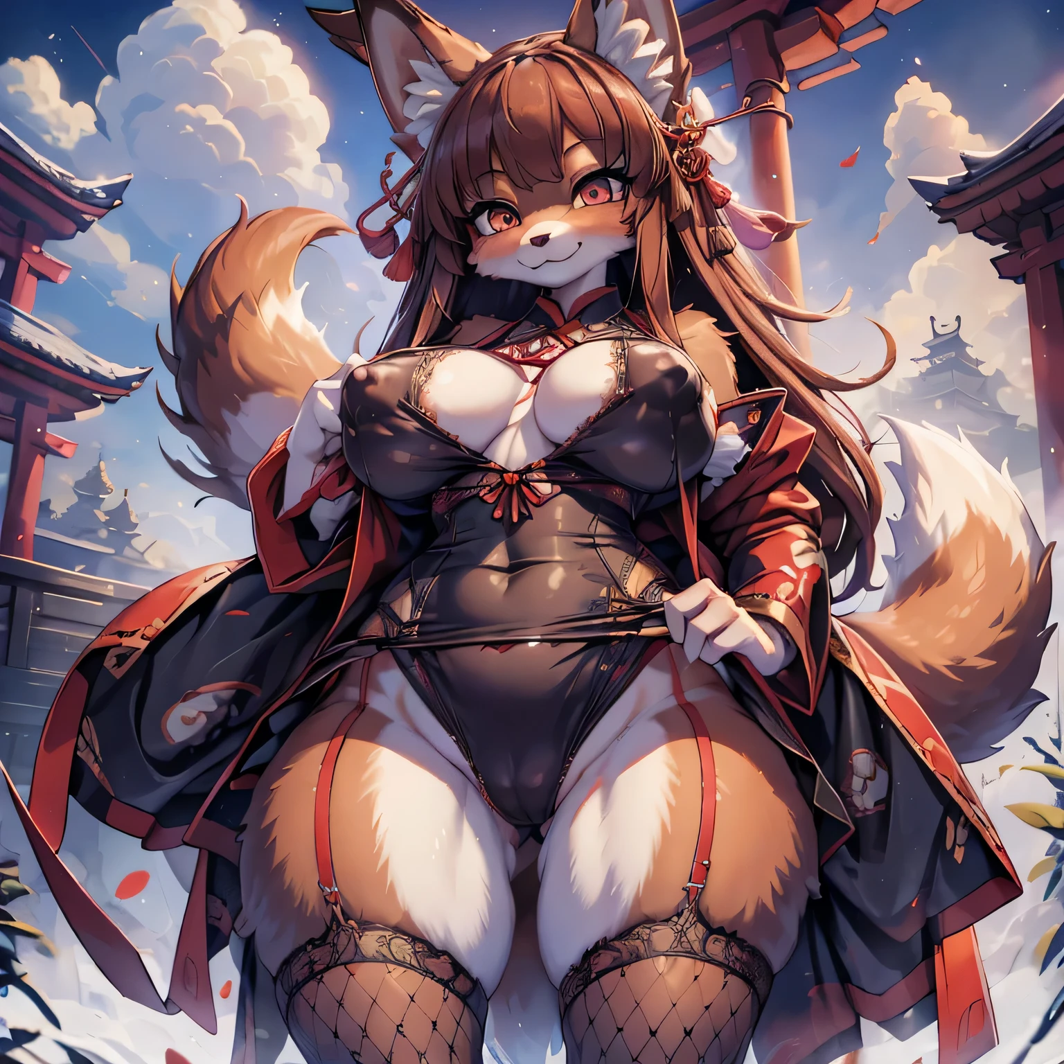 china dress, stocking, female furry mini cute style, holo a wolf girl, girl in a string bikini with a fox tail, female furry mini cute style, holo a wolf girl, realistic bikini, furry brown body, holo if a wolf girl, furry, fox tail, swimsuit, furry art!!!, small curvy , Camel toe very obvious, The nipple contour pronounced, pubes, fishnet stockings wrap the thighs, absurdly long hair, erotic, Sci-fi, (huge breast), beautiful clothes , Lace, lace trims, lace clothing, lace clothing, pubes, thick thighs, beautiful face, short skirt, Fox Woman、body covered with fur、huge-breasted、kawaii、shrine maiden、Japan white clothes,Red Hakama、torii gate,summer day、From below、Wide Shot、Very Wide Shot、A big smile
