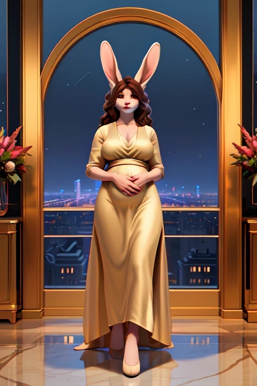 (best quality,4k,8k,highres,masterpiece:1.2),ultra-detailed,(realistic,photorealistic,photo-realistic:1.37),anthropomorphic pregnant rabbit in a nice dress,long flowing brown hair,big brown eyes,[wide hips],(large breasts),(big belly),standing in a city penthouse at night,[city view],elegant posture,(graceful,tall),(confident,gentle) facial expression,(relaxed,poised) demeanor,soft city lights illuminating the room,[luxurious furniture],expansive glass windows,moonlight streaming in,(soft,gentle) breeze,(elegant,glossy) marble floors,(modern,sleek) architecture,impressive skyscrapers in the background,sparkling stars dotting the night sky,serene atmosphere,[tranquil ambiance],elevated perspective,majestic skyline in the distance,lush greenery adorning the penthouse,subtle shadows adding depth to the scene,[calming color palette],dreamlike quality,subtle glow emphasizing the rabbit's radiance,vibrant colors complementing the city lights,[soft moonlit glow],sophisticated charm,aesthetic sophistication blending with natural beauty.
