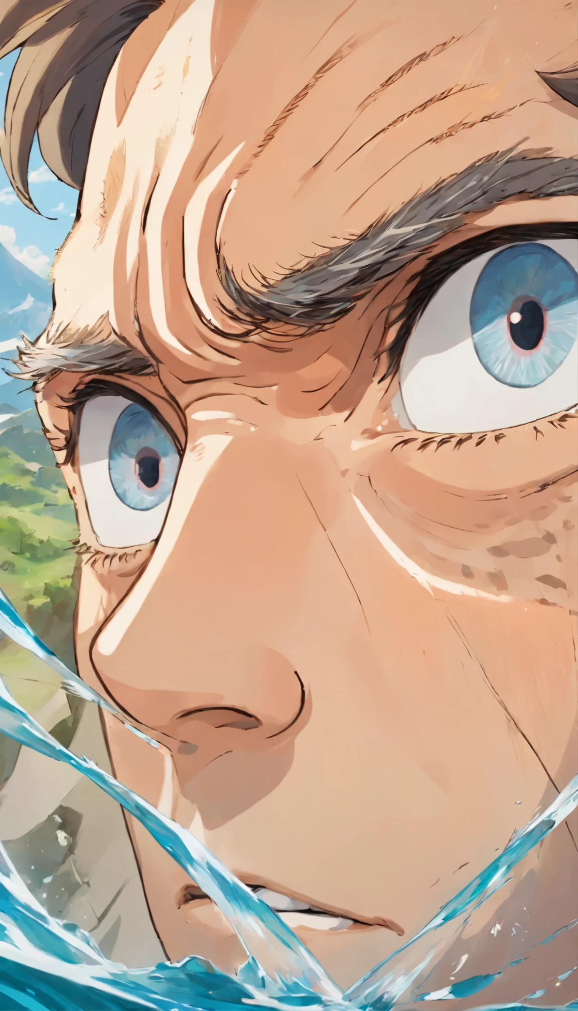 A close-up of the man's face with a reflection of challenges in his eyes, showcasing the readiness to confront difficulties head-on.