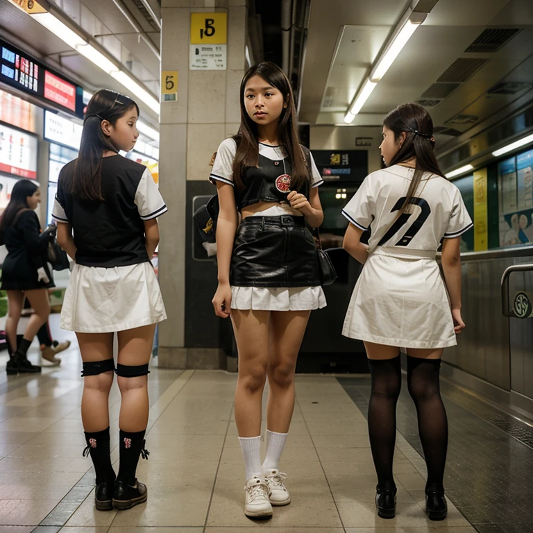 A beautiful 12-year-old girl with Asian features dressed as a with short stockings on her back in a subway station with her little sister