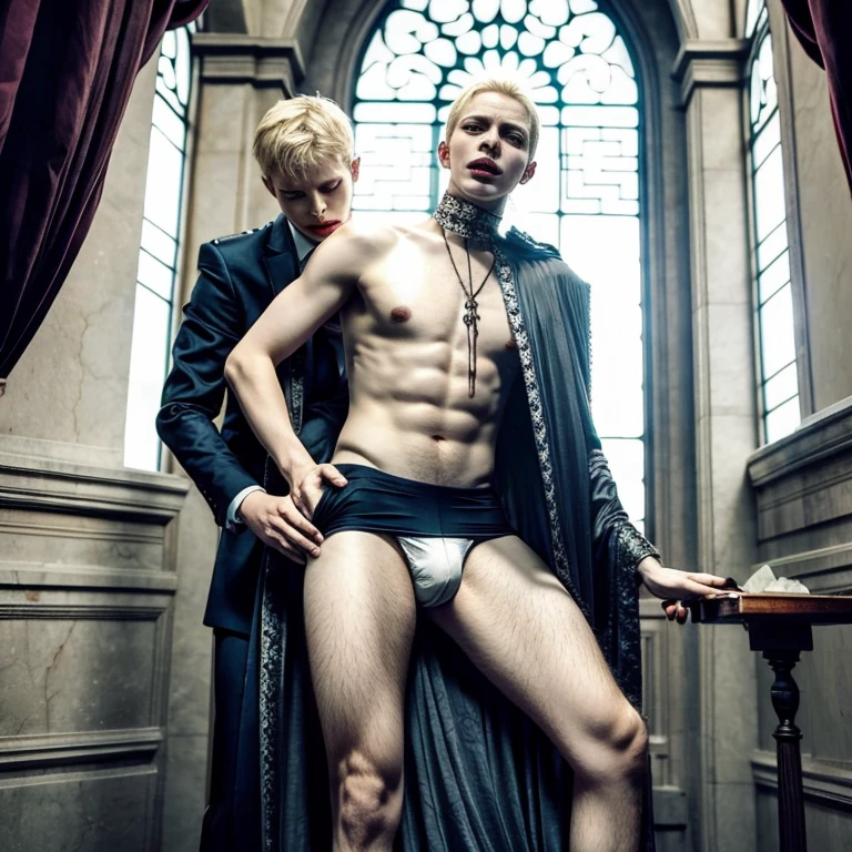 (evil albino tall lathy queer male undead Vulture King, bird brain, thin neck, frail shoulders, weak arms, flat chest, soft belly, beautiful male crotch bulge, curvy hips, thick avian thighs, massive buttocks, depraved homosexual, rapist, kidnapper, cradle robber, weak stomach, weak bladder, a boy reaches between his legs from behind, grabs and tears off his testicles)