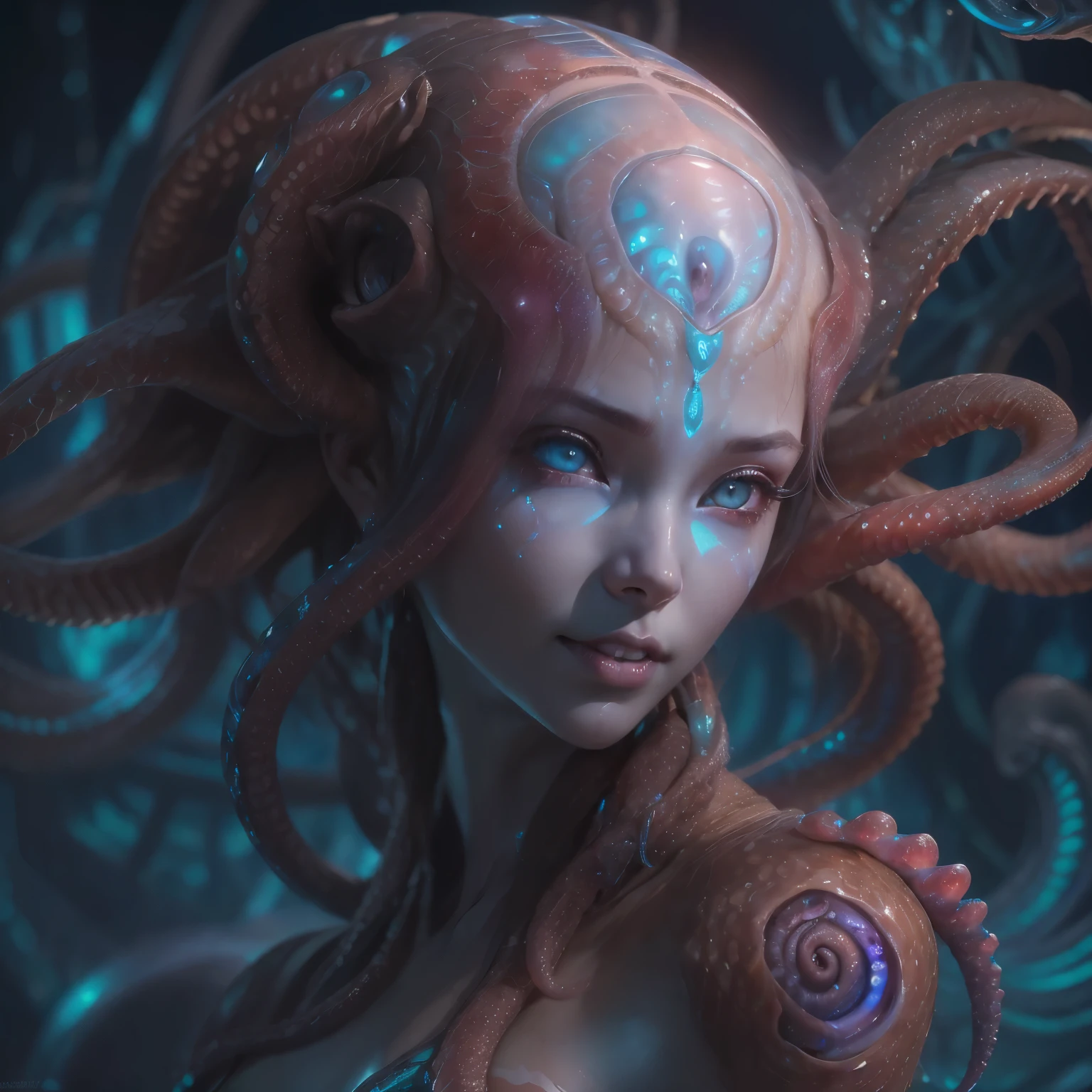 best quality, masterpiece, ultra high resolution, (photos realistic:1.7), scary and sexy detailed art in color, Portrait, (beautiful and obscene female alien:1.4), (vulgarity1.5), (she has red eyes with no pupils:1.4), (She has translucent pale skin:1.4), (There is a female genital-like organ in the middle of the forehead:1.95), (She has the most beautiful face in the history of the universe:1.4), (She has multiple bioluminescent organs on the side of her tentacles:1.4), (Her body is covered with an iridescent exoskeleton:1.3), (She is showingh her arm pits:1.4), an evil gaze that seduces, (large mouth:1.1), (sharp teeth like a vampire:1.2), Full body portrait, (bio luminescent:1.5), (Smile wickedly:1.3), (sexypose:1.5), alien, No humans, cells are fused, (There are lots of translucent tentacles from her head:1.3) extraterrestrial, cell, bio image, best quality, 8K,In 4K_quality, High freshness, Dramatic Lighting, cinematic quality, detail up, (exquisite details:1.2), High freshness, drawing faithfully, (Thick eyebrows:1.2), Beautiful eyes with fine symmetry,(Highly detailed face and eyes:1.2),(Super detailed skin quality feeling:1.4), perfect ???????, (Beautiful toned body:1.5), (Moist skin:1.2), not wearing makeup, (dark circles:1.1), long canines, cinematic drawing of characters, cinematic quality, detail up, (exquisite details:1.2), high resolution, High freshness, drawing faithfully, official art, Unity 8K Wall paper, ultra detailed artistic photography, midnight aura, unreal engine 5, Ultra Sharp Focus, art by Amano Yoshitaka, ArtGerm, Roisch, intricate artwork,ultra realistic realism, dream-like, nautilus, Creation of fantasy, dream Snail, (biopunk nautilus:1.3),Thrilling color schemes, seductively smiling, Blue tentacles, Amazing mutation, well-proportioned body, goddess of the deep sea, fractal, Geometric pattern, impossible figures, (white tentacles with blue stripes:1.4), subtle emerald green accents, (expression of ecstasy:1.2)