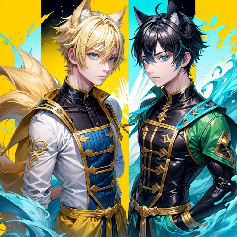 (A male with blond hair and light yellow wolf ears, one yellow and eye one red, tall, likes the color green, Alpha) , (the second male, has black hair with blue wolf ears, and greenish blue eyes, short, likes the color blue, Bata) (males only) 