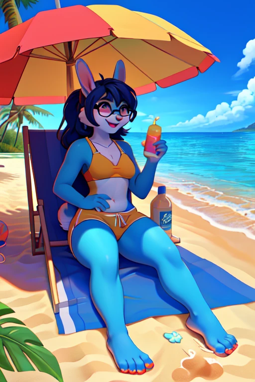 (best quality,4k,highres,masterpiece:1.2), anthropomorphic rabbit with blue fur, at the beach, wearing swim trunks, glasses, wide hips, big butt, sipping from a coconut, sandy coastline, crystal clear water, palm trees swaying in the breeze, vibrant beach umbrella, seagulls soaring in the sky, golden sunset, playful waves, refreshing sea breeze, joyful expression, lounging in a beach chair, tropical paradise, colorful beach towel, sandy footprints, beach volleyball game, sunscreen lotion, beach ball, refreshing coconut water