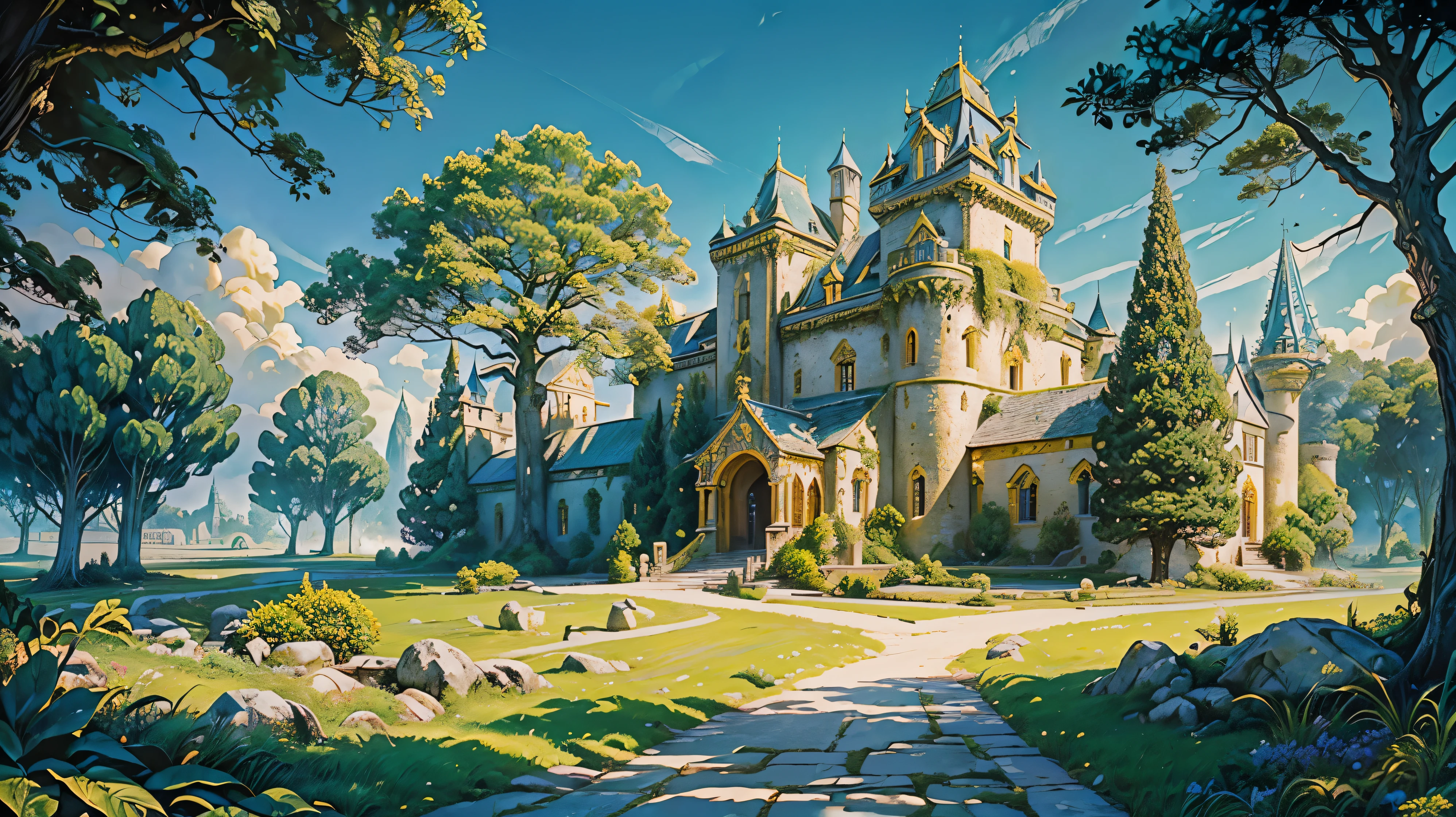 (Masterpiece, Top Quality, Best Quality,Extreamly detailed, perfect quality, landscape, Official Art, Ancient Giant vibrant geeen and blue colour Tree growing out of castle covered in gold, Ancien castle, golden age, fantasy, mystic atmosphere, giant gates, yellow bricks, summer time, windy weather, beautiful landscape