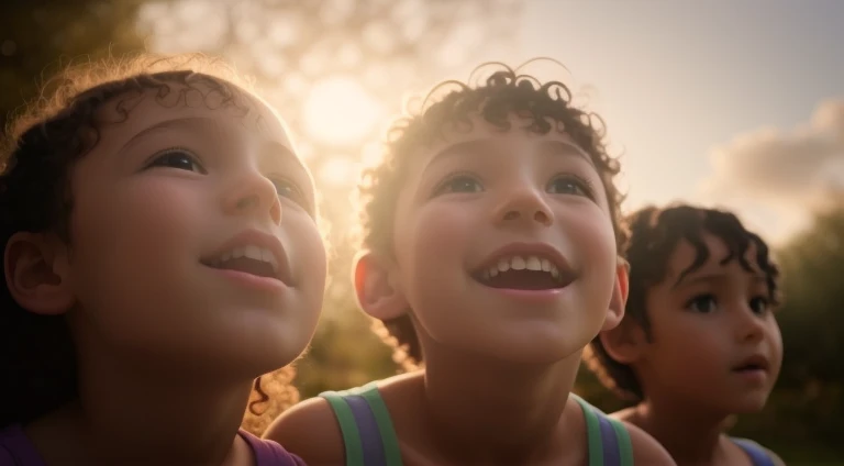 Add curly hair to children. The scene must be filled with mysterious and magical elements, Like enchanted trees, fairies and fantastic creatures.