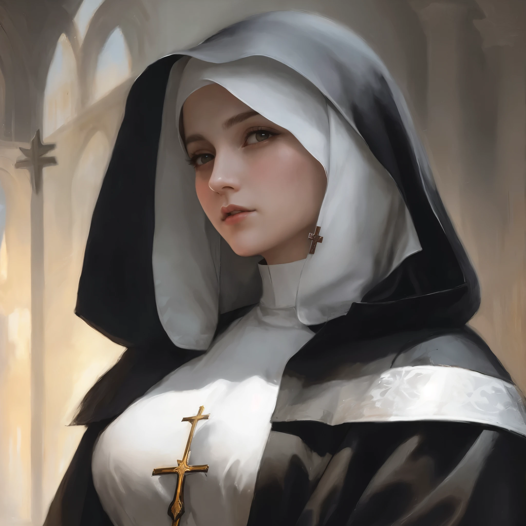 painting of a nun with a cross and a cross on her chest, Wallop art, art of Wallop, art of Wallop and greg rutkowski, karol bak of emma watson nun, guweiz style artwork, nun, Wallop rossdraws, nun fashion model, Wallop | artistic germ, stanley artistic germ lau