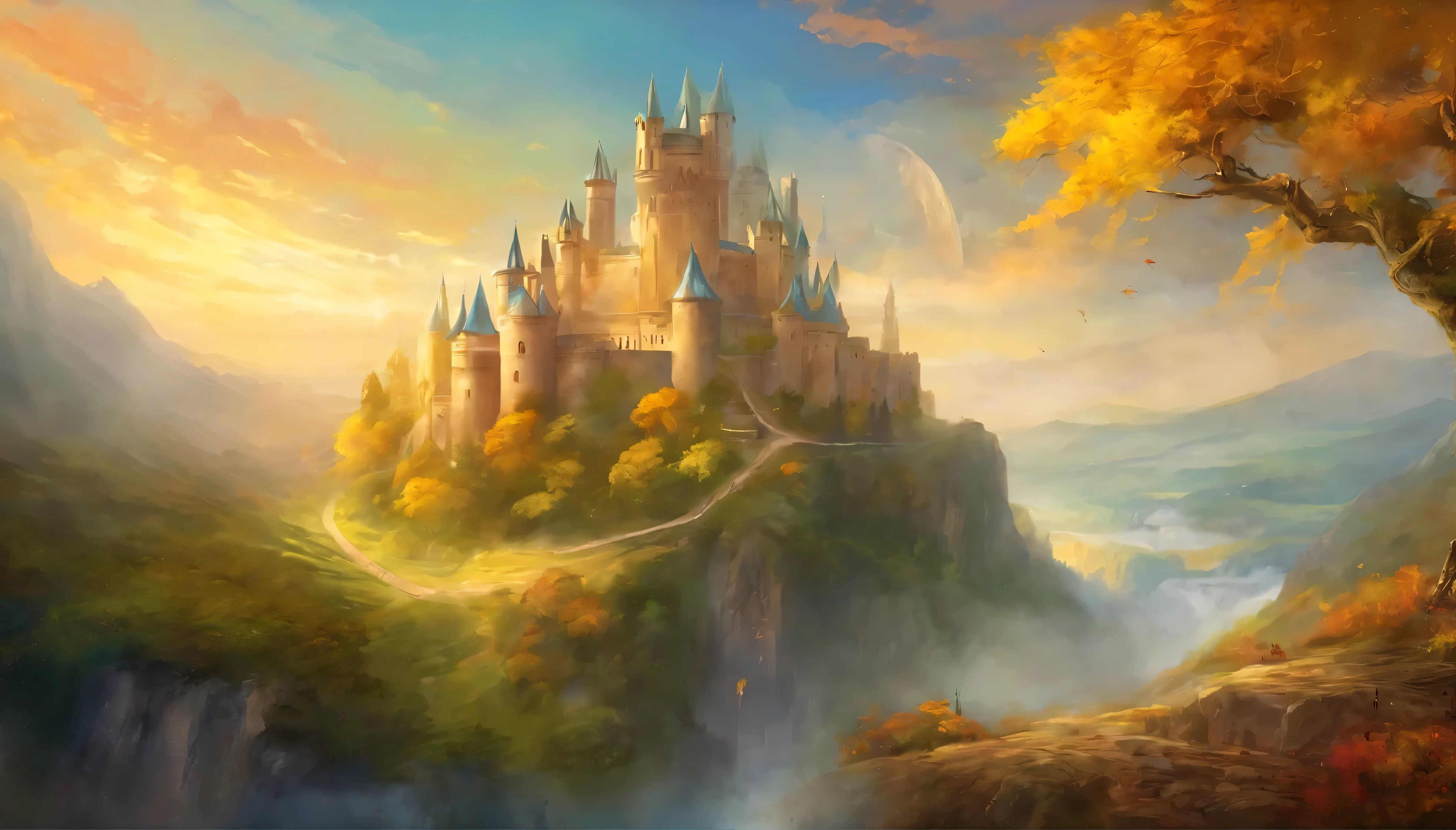 (Masterpiece, Top Quality, Best Quality,Extreamly detailed, perfect quality, landscape, Official Art, Ancient Giant vibrant geeen and blue colour Tree growing out of castle covered in gold, Ancien castle, golden age, fantasy, mystic atmosphere, giant gates, yellow bricks, summer time, windy weather, beautiful landscape