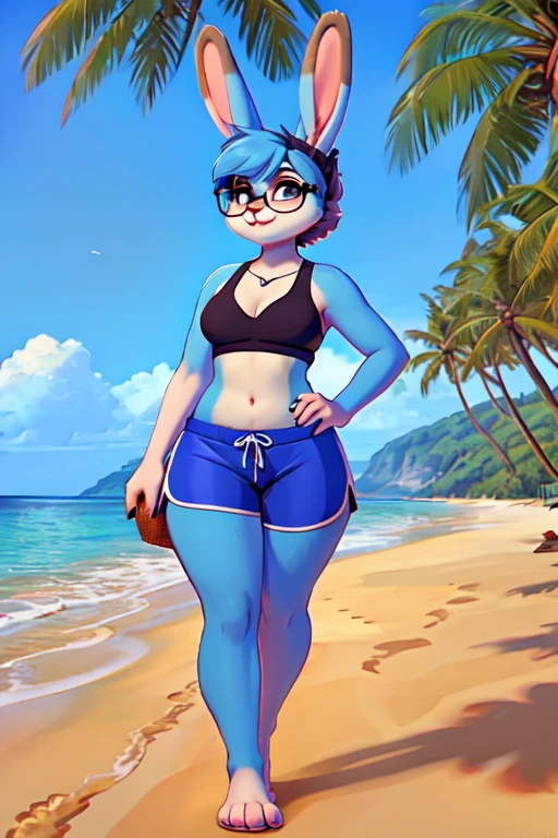 an anthropomorphic rabbit with blue fur at the beach wearing swimtrunks and glasses, wide hips, big butt, sipping from a coconut