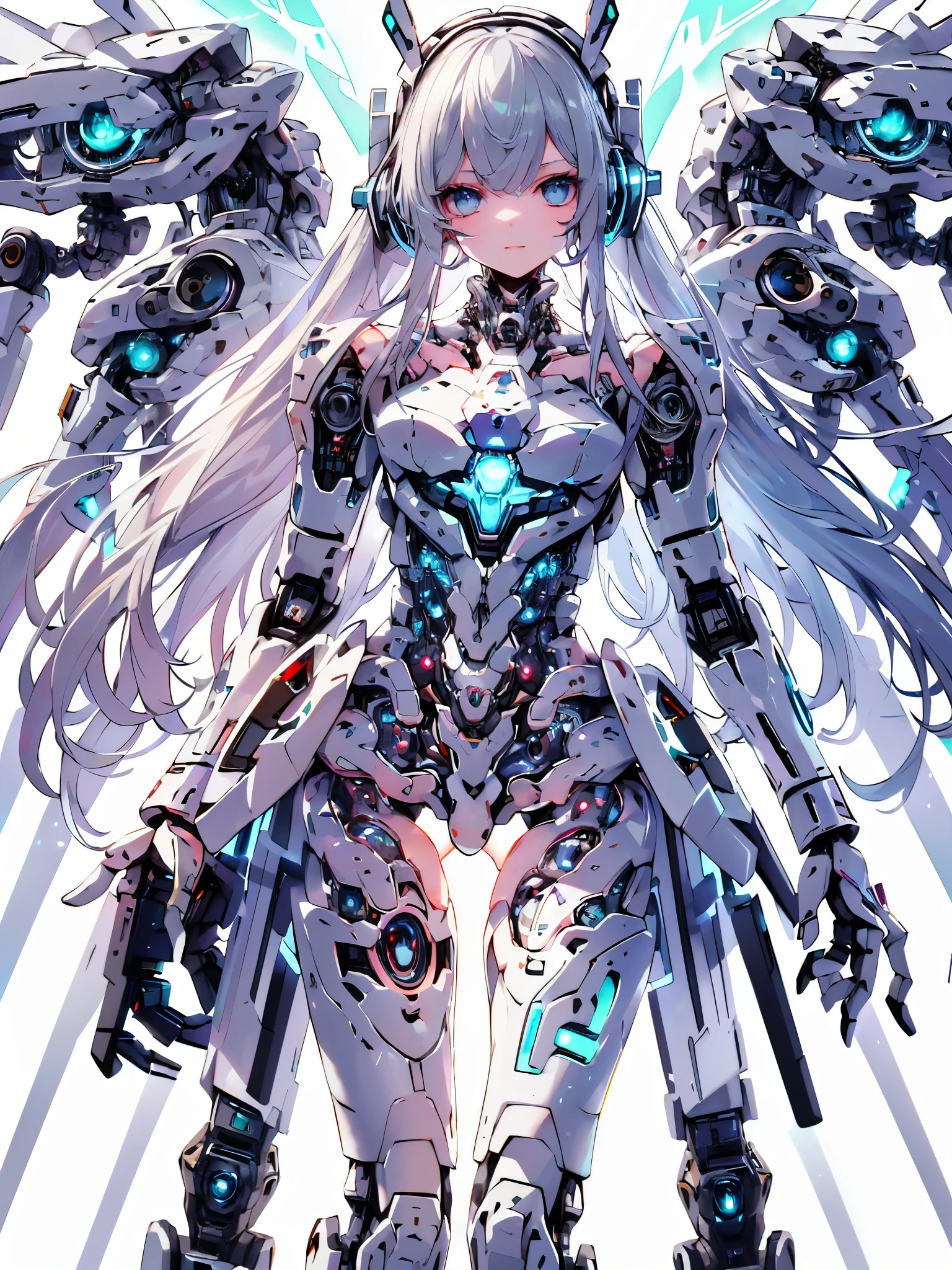 (8k, best quality, masterpiece:1.2),\(Eye details\),\(Facial features\),(\(Clothes detail details\)\),(1 girl:1.2),Mecha girl,solo,full body,Sophisticated 3D rendering of a beautiful Japanese girl Android , part, Beautiful studio soft lighting, rim light, Vibrant details, Luxury Cyberpunk, The body is made of organically flowing white and silver clear glass and plastic, Silver metal interior, dynamic poses, mobile organic ingredients, Meticulous carving, Lace design, Glowing golden circuit, H&#39;s Art,(Mechanical skeleton(Metal pelvis,Mechanical spine:1.2),high-tech robot,(Wired headphones of the future:1.2),(Blue glowing circuits on cheeks:1.3),(/grey hair:1.2/),(/shiny blue eyes/),smooth skin,(This is an android:1.5),(flat chest:1.2),small ass,